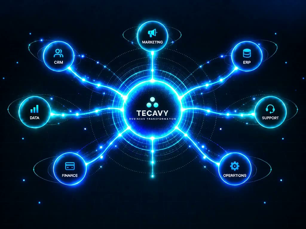 Connected business systems: CRM, ERP, marketing, data, finance, support and operations linked to a central Tecavy hub